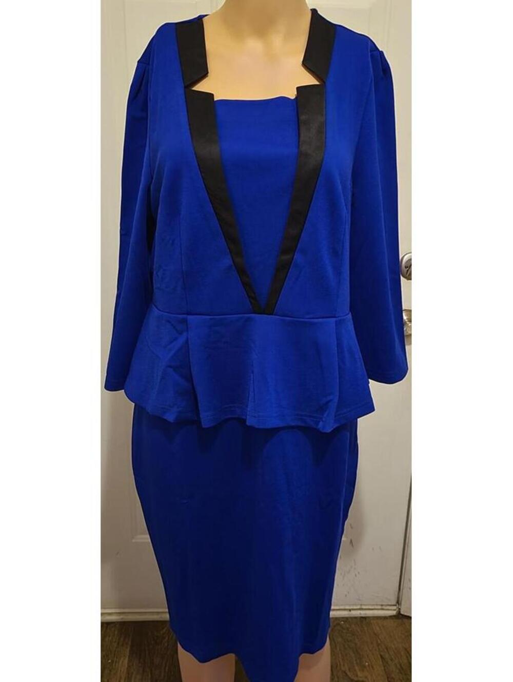 Hobemty Women's Blue Peplum Dress with Black Trim Size L